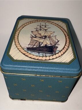 Vintage Metal Tin Sailing Ship Ocean Blue Rectangular 4”x4.5”x4”